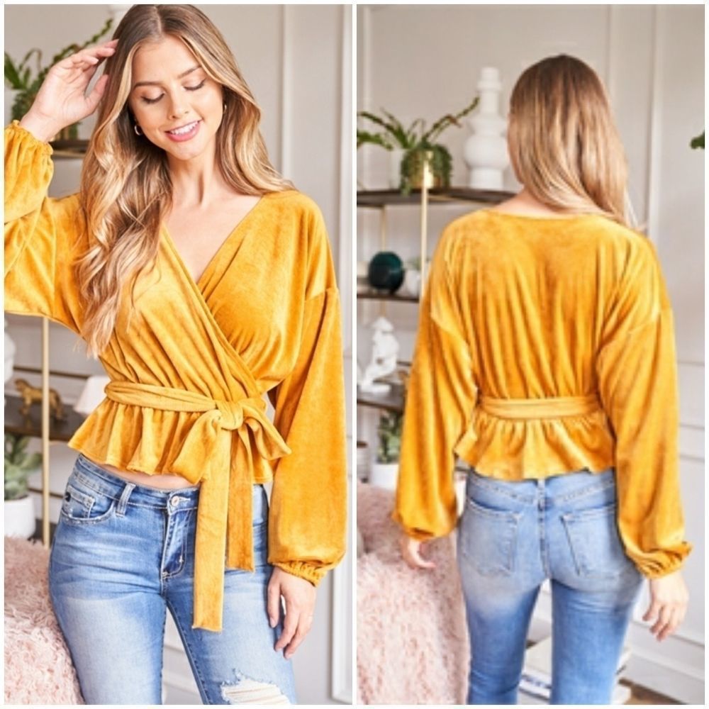 Boho mustard yellow Bishop sleeve peplum belted blouse top